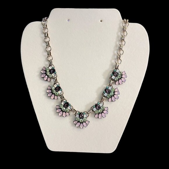 Banana Republic Silver Flower Statement Necklace Crystal Accents Adjusta…